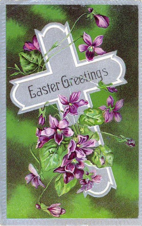 Vintage Easter Greetings Card with Purple Violets & Cross