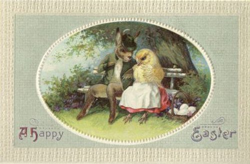 Victorian Easter Greeting Card with Anthropomorphic Rabbit and Chick