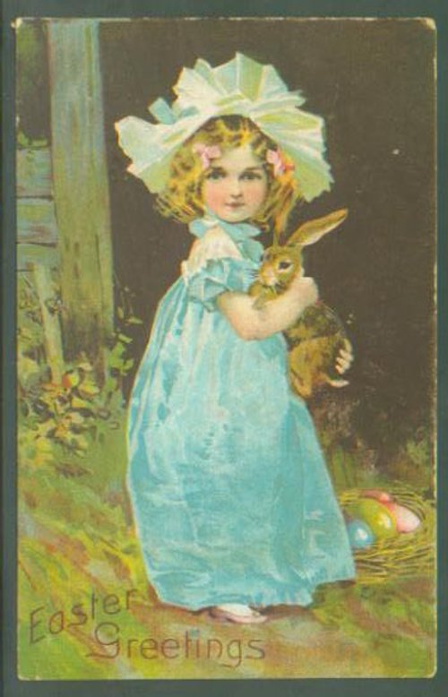 Vintage Easter Greetings Card: Child with Rabbit & Bonnet