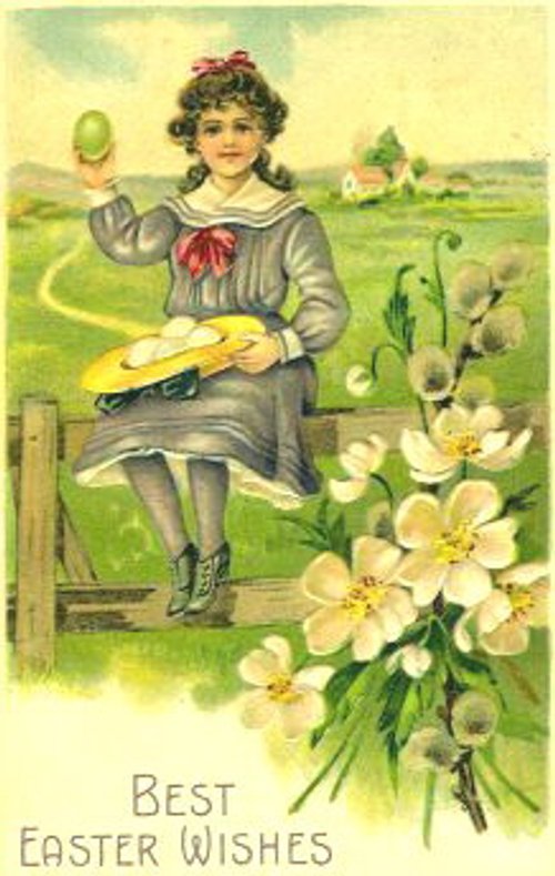 Victorian Easter Greeting Card with Girl & Spring Flowers