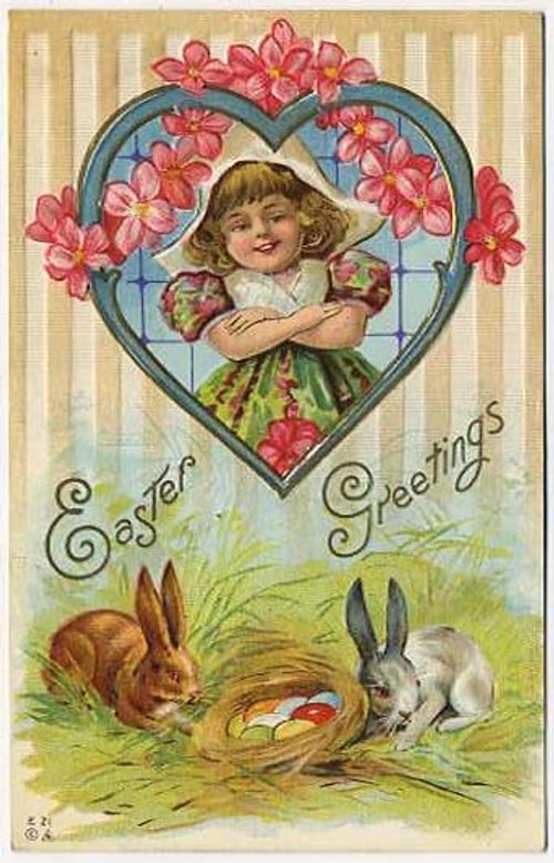Victorian Easter Greetings Card with Girl & Rabbits