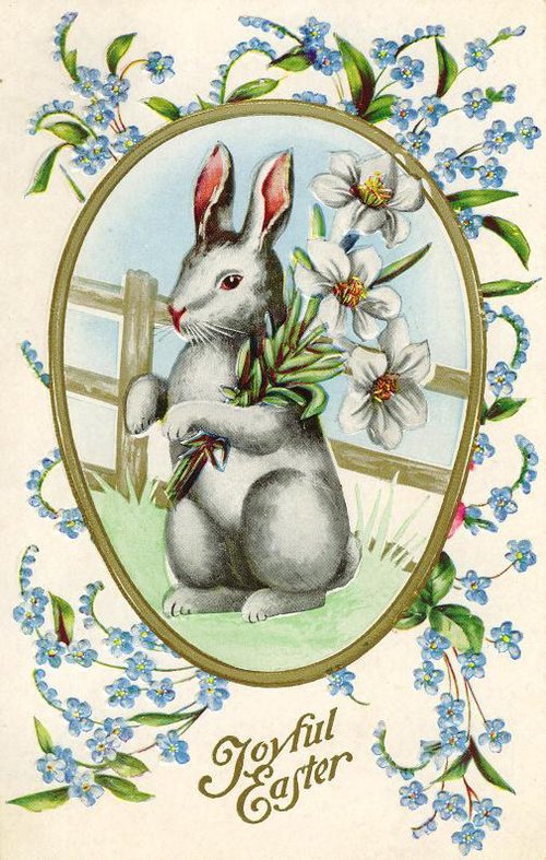 Vintage Easter Greeting Card: Anthropomorphic Rabbit with Spring Flowers