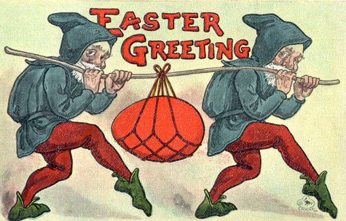 Vintage Easter Greeting Card with Lantern-Carrying Gnomes
