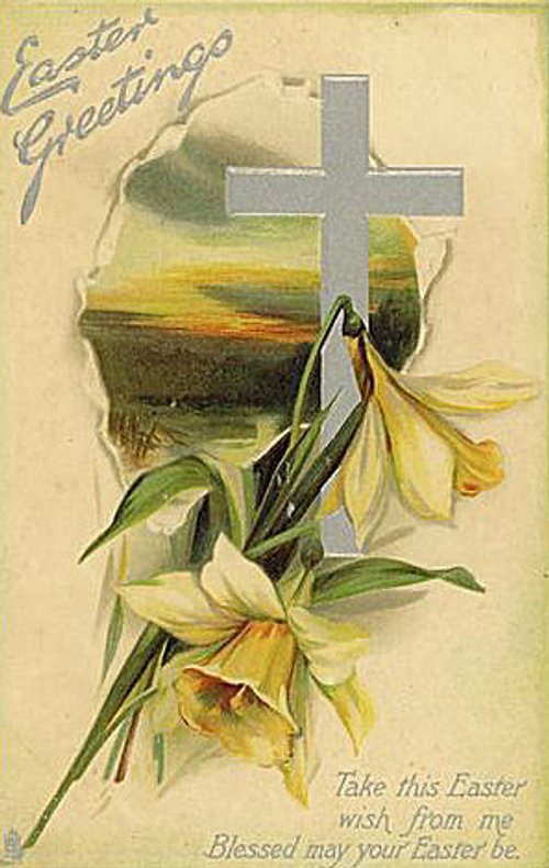 Victorian Easter Greetings Card with Cross & Yellow Lilies
