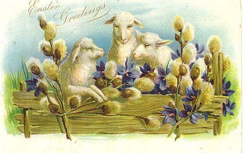 Victorian Easter Greeting Card with Lambs and Blue Spring Flowers
