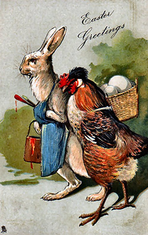 Vintage Easter Greetings Card: Anthropomorphic Rabbit & Hen