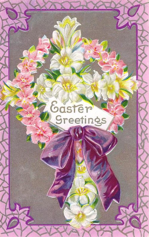 Victorian Easter Greetings Card with Spring Flowers & Purple Bow