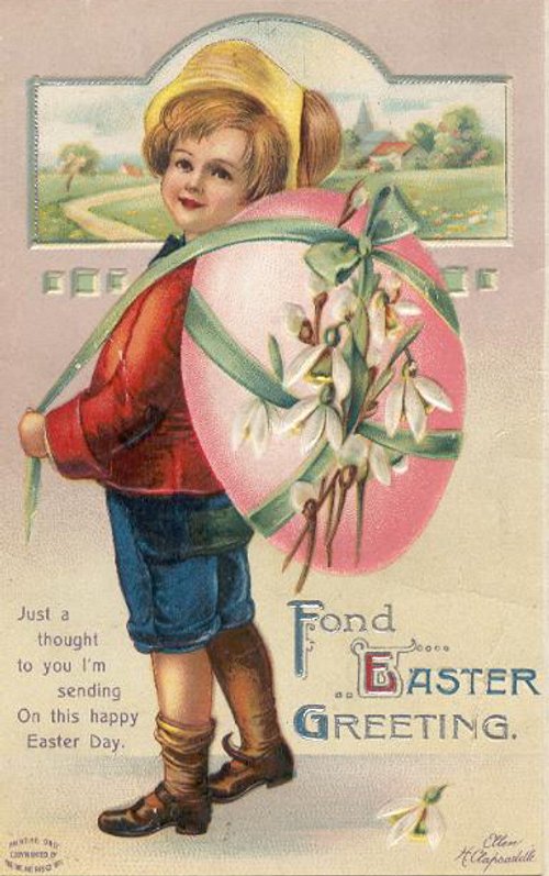 Edwardian Easter Greeting Card Boy with Egg and Snowdrop Flowers