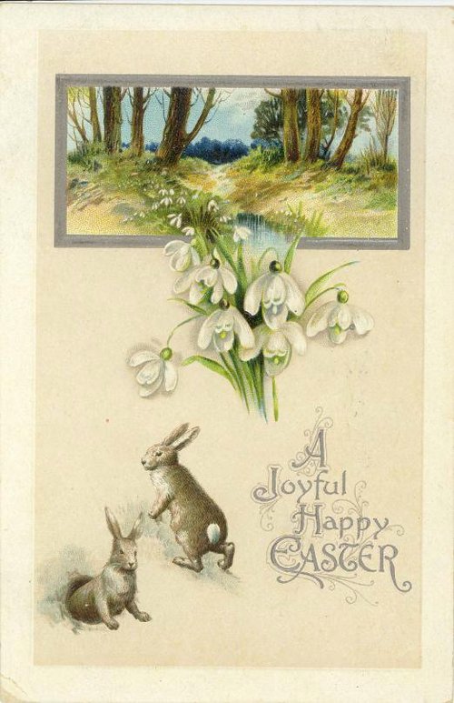 Victorian Easter Greeting Card with Snowdrops & Rabbits
