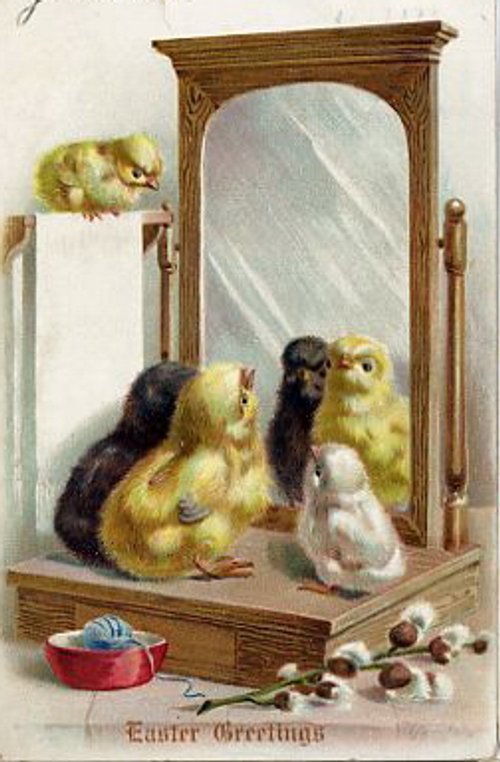 Victorian Easter Greeting Card with Chicks and Mirror