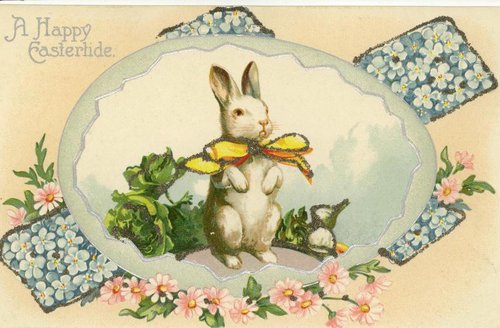 Vintage Easter Greeting Card White Rabbit Yellow Bow Victorian
