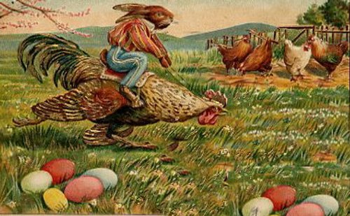 Victorian Easter Greeting Card: Rabbit Jockey Riding Rooster with Easter Eggs