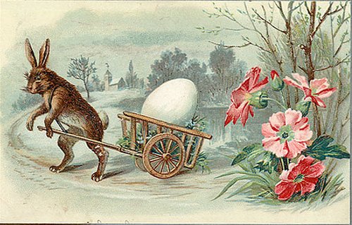 Victorian Easter Greeting Card: Anthropomorphic Rabbit with Giant Egg