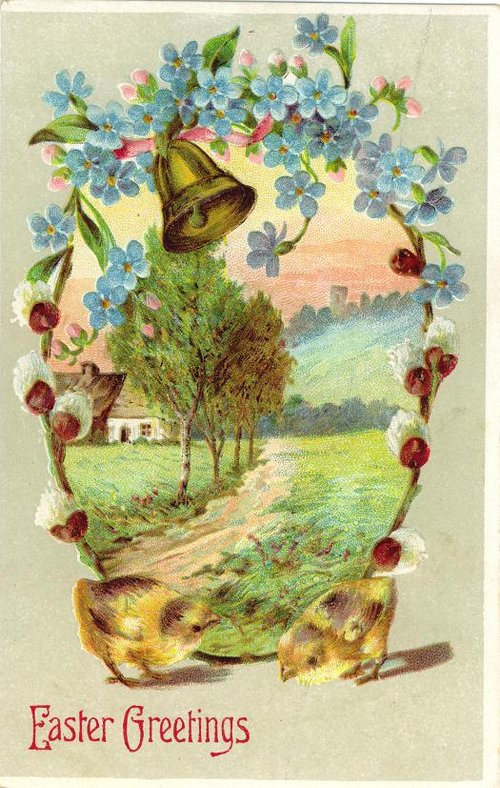 Victorian Easter Greetings Card with Forget-Me-Nots & Chicks
