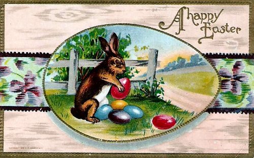 Vintage Easter Greeting Card with Rabbit & Colored Eggs