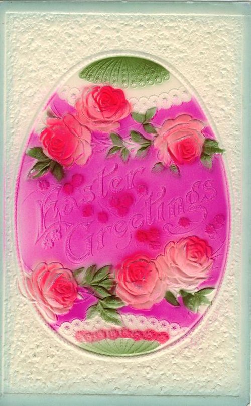 Victorian Easter Greetings Card Pink Roses Embossed 1880s