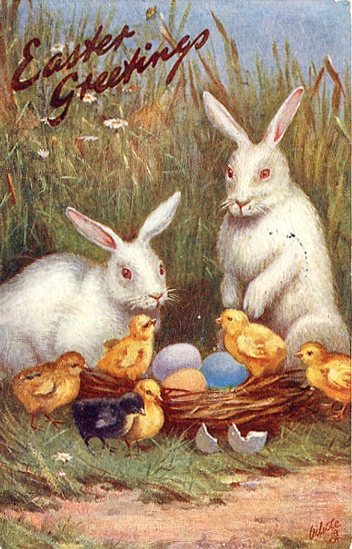 Easter Greetings White Rabbits & Chicks Vintage Card