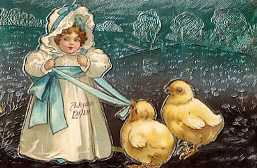 Vintage Easter Greeting Card with Girl and Golden Chicks