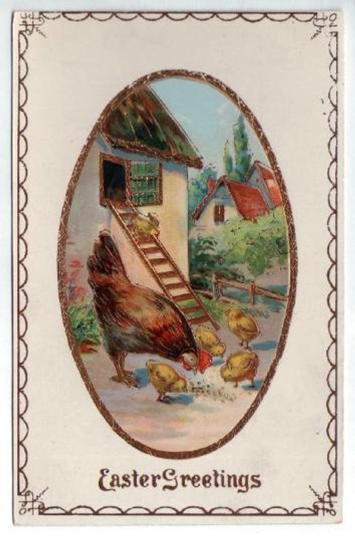 Victorian Easter Greetings Card with Hen & Chicks Cottage Scene