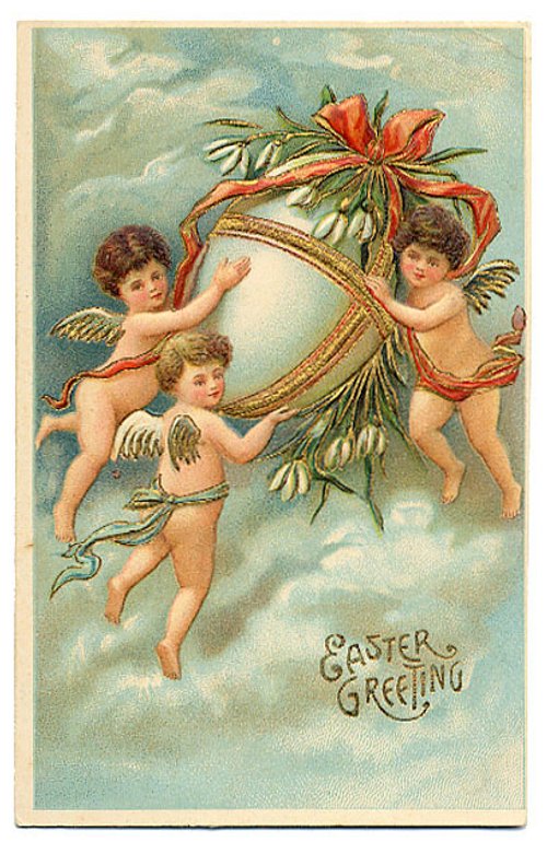 Victorian Easter Greeting Card with Cherubs and Decorated Egg