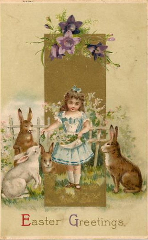 Victorian Easter Greetings Card with Girl and Rabbits