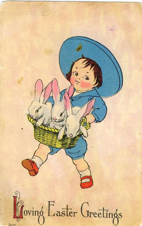 Vintage Easter Greeting Card Child Rabbits Blue Outfit 1900s