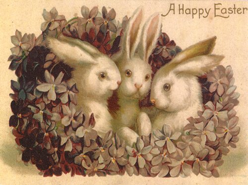 Victorian Easter Greeting Card with Three Rabbits & Flowers