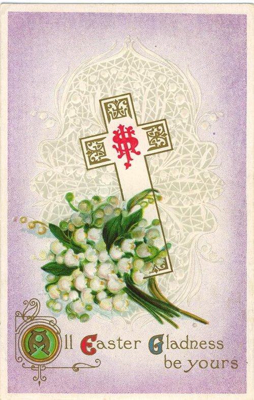 Vintage Easter Greeting Card with Cross and Lily of the Valley
