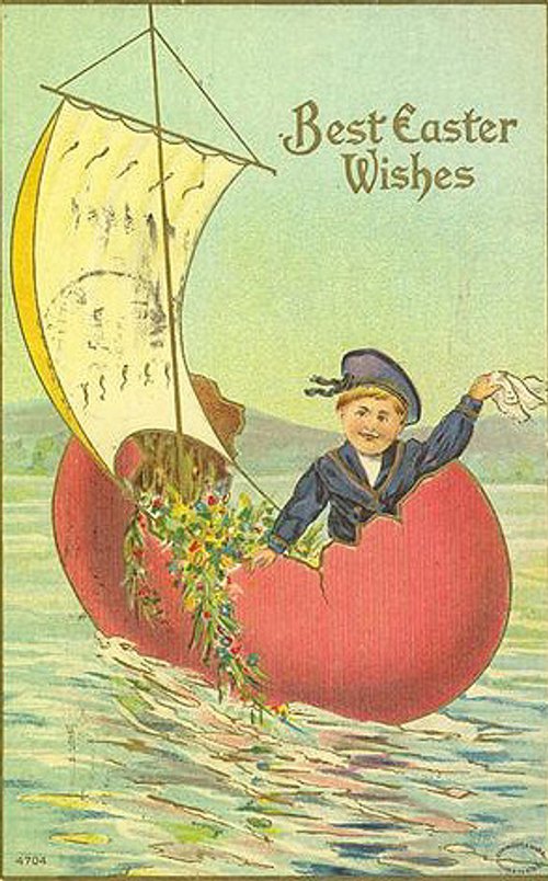 Vintage Easter Greeting Card - Boy in Giant Egg Sailboat