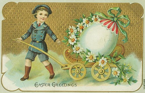 Victorian Easter Greetings Card with Boy & Floral Egg Carriage