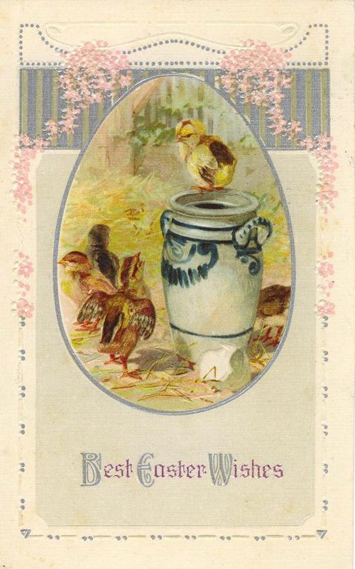 Vintage Easter Greeting Card with Chicks & Ceramic Pot, Edwardian Era