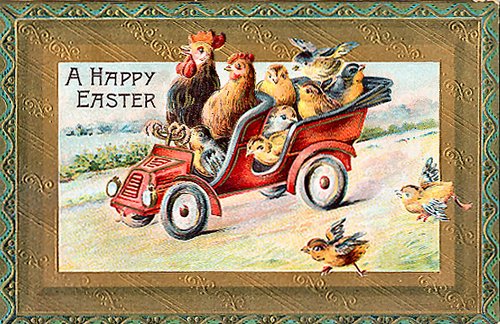 Vintage Easter Greeting Card with Anthropomorphic Chickens in Red Automobile
