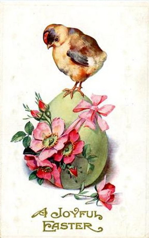 Victorian Easter Greeting Card with Chick and Pink Flowers