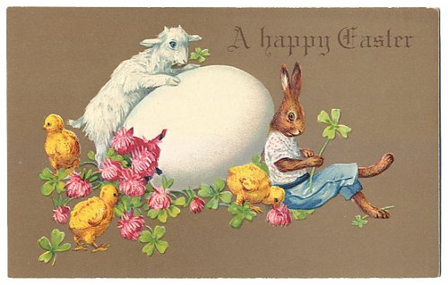 Victorian Easter Greeting Card with Anthropomorphic Rabbit and Chicks