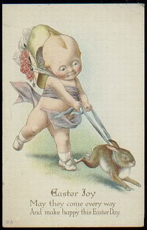 Vintage Easter Greeting Card with Cherub and Rabbit, Early 1900s