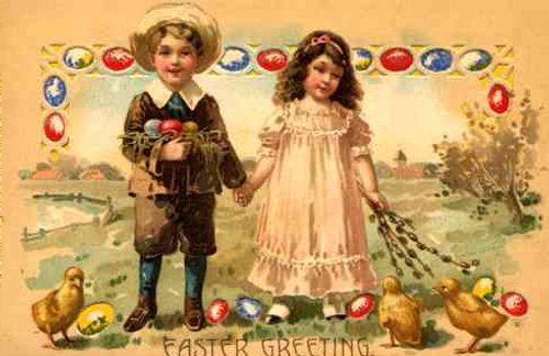 Victorian Easter Greeting Card with Children & Chicks