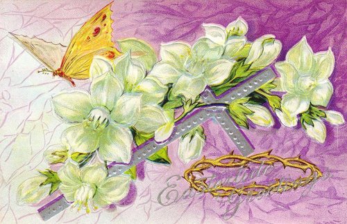 Vintage Easter Greeting Card with White Flowers & Orange Butterfly
