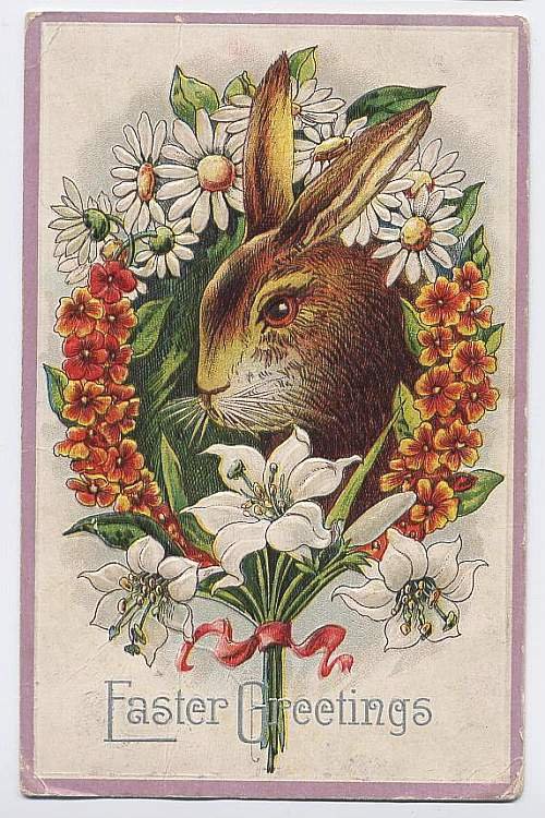 Vintage Easter Greeting Card with Bunny & Spring Flowers