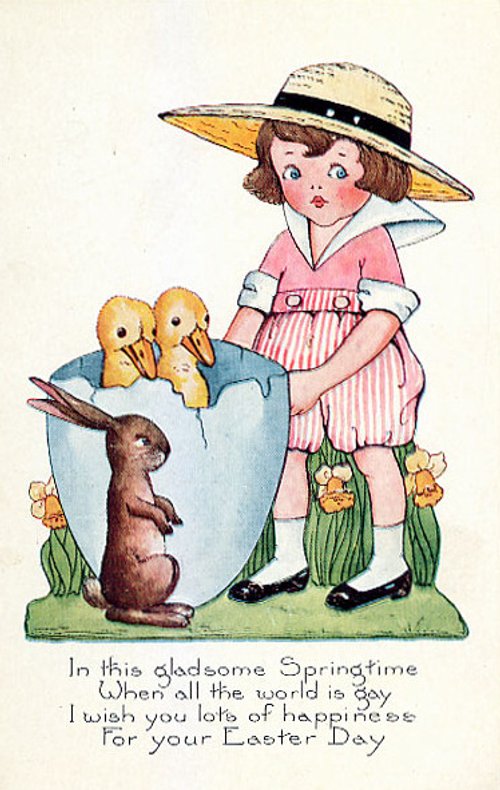 Vintage Easter Greeting Card Girl with Ducklings and Rabbit