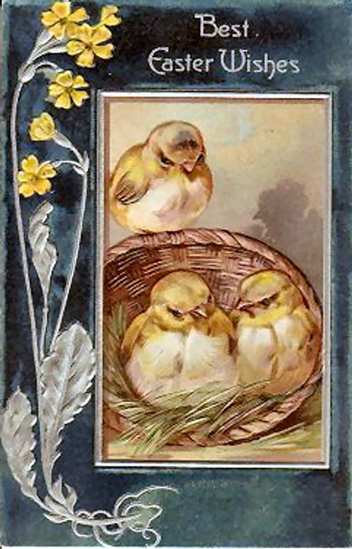 Vintage Easter Greeting Card with Chicks in Basket - Victorian Era