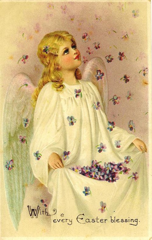 Victorian Easter Greeting Card Angel Child Pansies Blessing