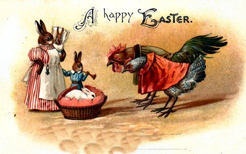 Victorian Easter Greeting Card: Anthropomorphic Rooster & Rabbits
