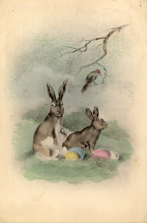 Victorian Easter Greeting Card with Rabbits and Eggs