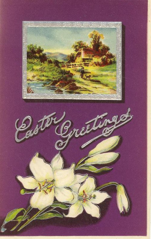 Vintage Easter Greetings Card with Cottage Scene & White Flowers