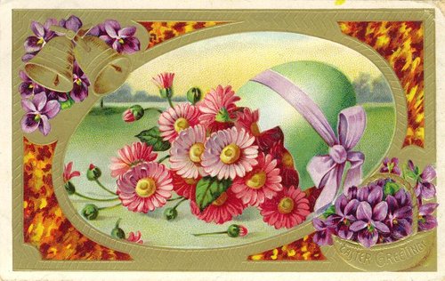 Victorian Easter Greeting Card with Pink Daisies & Purple Flowers