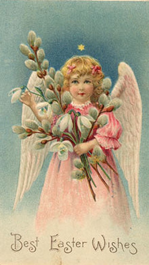 Victorian Easter Angel with Pussy Willows and Snowdrops Greeting Card