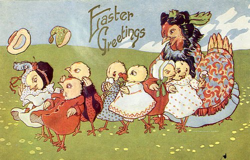 Vintage Easter Greetings Card with Anthropomorphic Chicks, Early 1900s