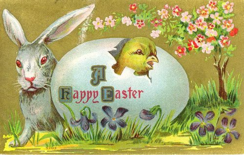Vintage Victorian Easter Card with Rabbit, Chick & Egg