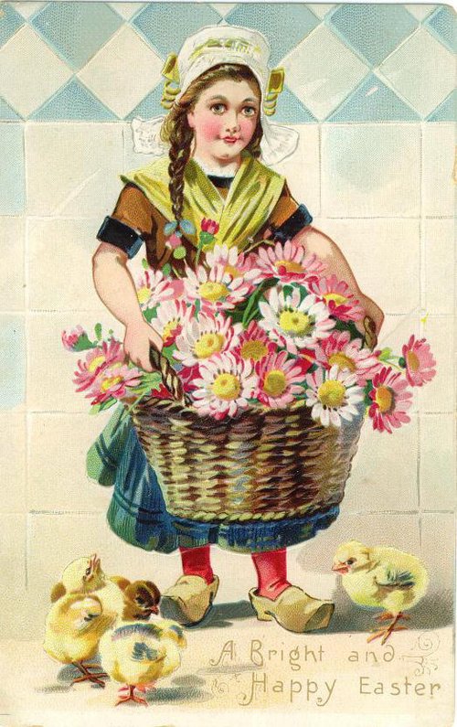 Victorian Easter Greeting Card Girl Flowers Chicks