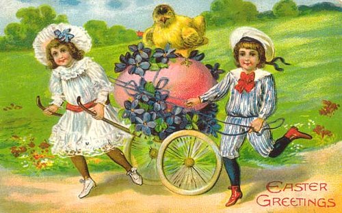 Vintage Easter Greeting Card with Children and Chick
